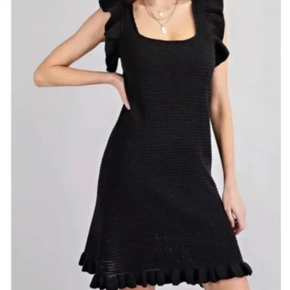 House of Harlow 1960 Crochet Knit Sweater Ruffle Dress in Black Small
